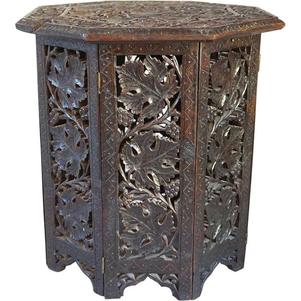 Small Indian Carved Grapevine Teak Octagonal Folding Occasional Side Table