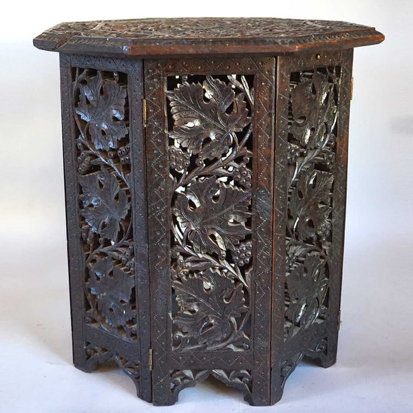 Small Indian Carved Grapevine Teak Octagonal Folding Occasional Side Table