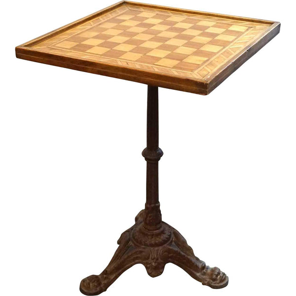 American Inlaid Wood Games Board Top Cast Iron Pedestal Side Table