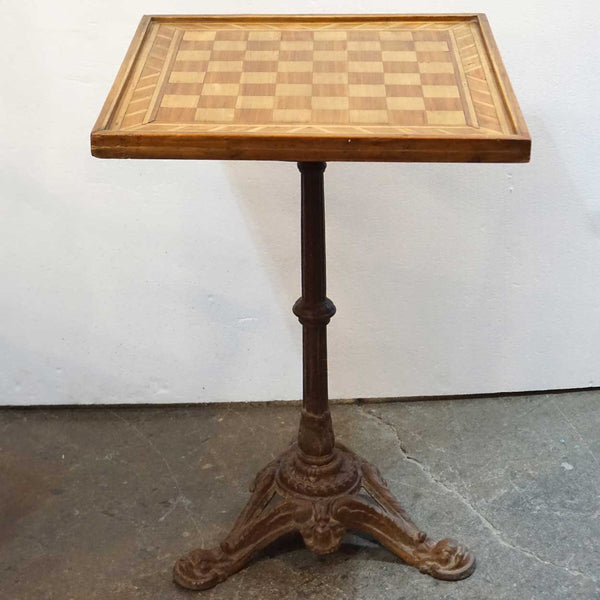 American Inlaid Wood Games Board Top Cast Iron Pedestal Side Table