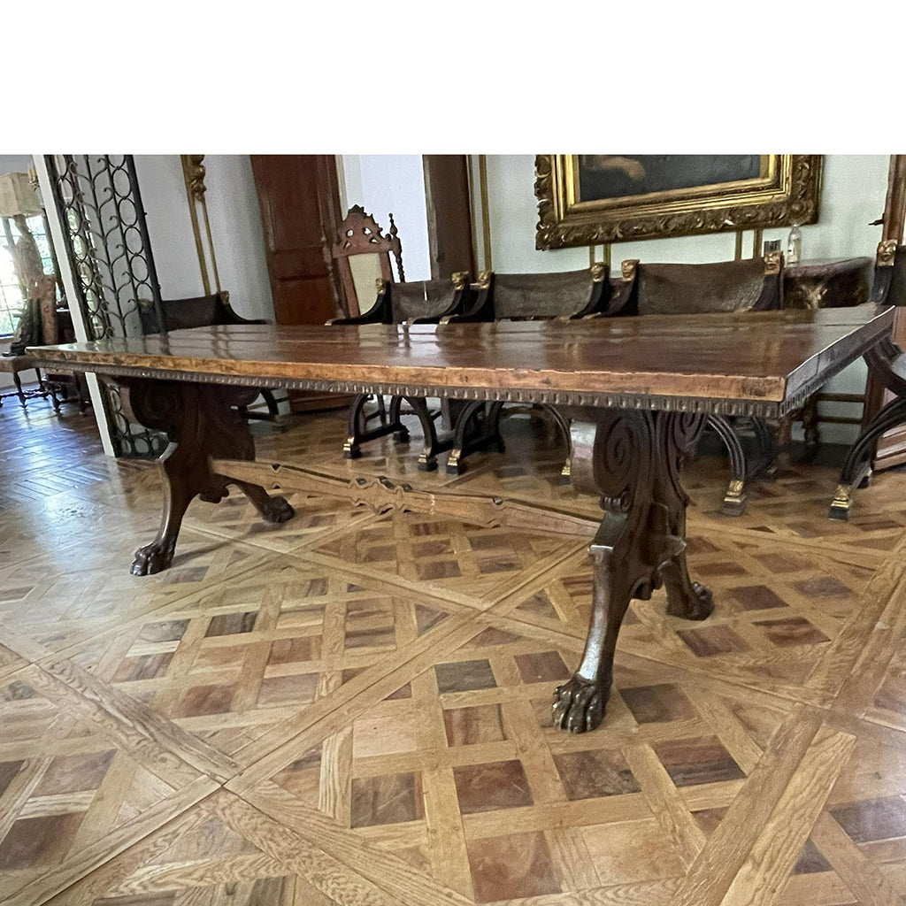 Long Italian Renaissance Style Walnut Library / Dining Trestle Table
