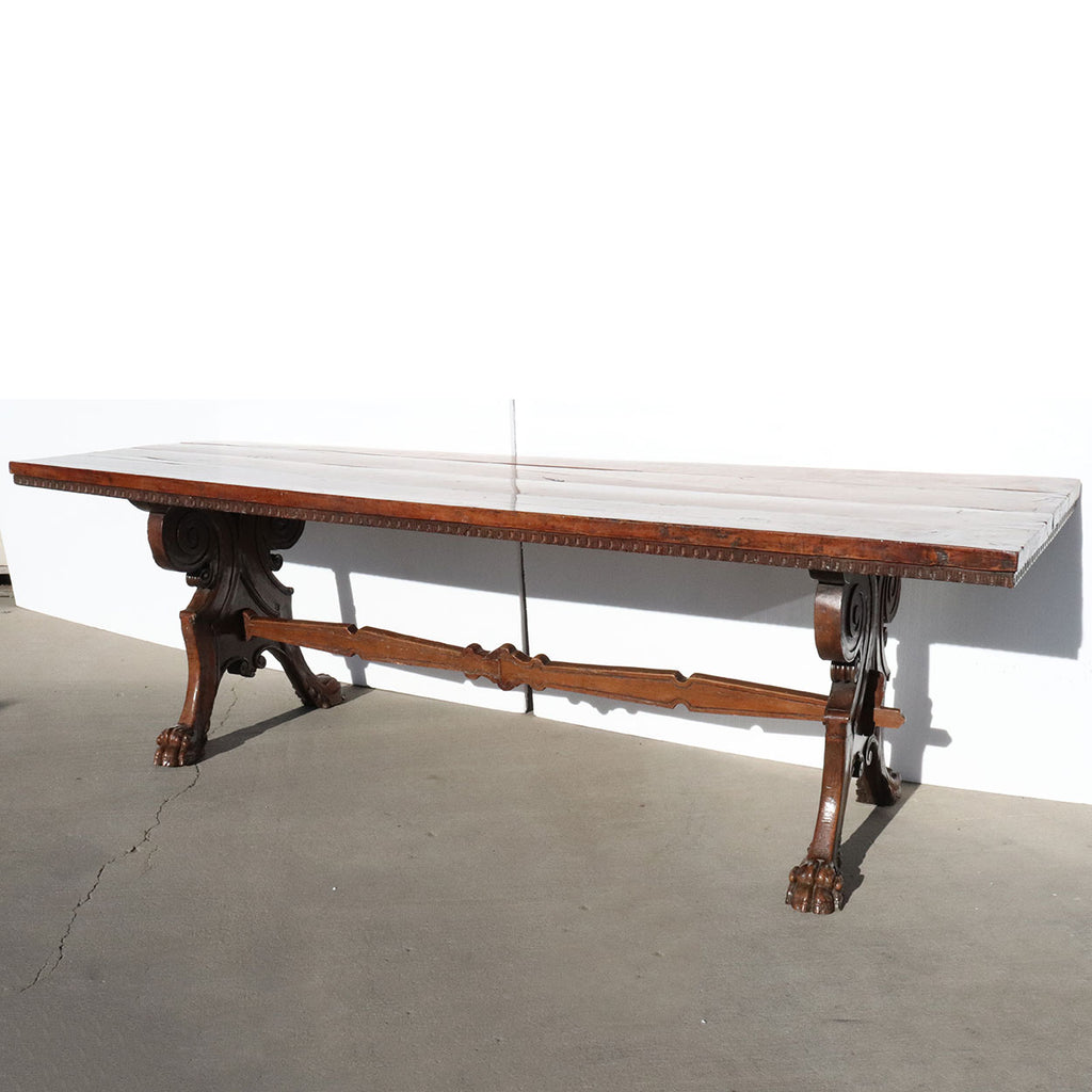Long Italian Renaissance Style Walnut Library / Dining Trestle Table