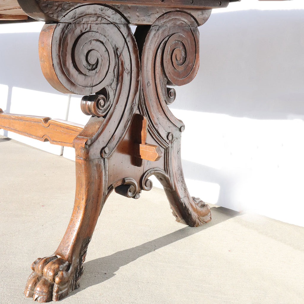 Long Italian Renaissance Style Walnut Library / Dining Trestle Table