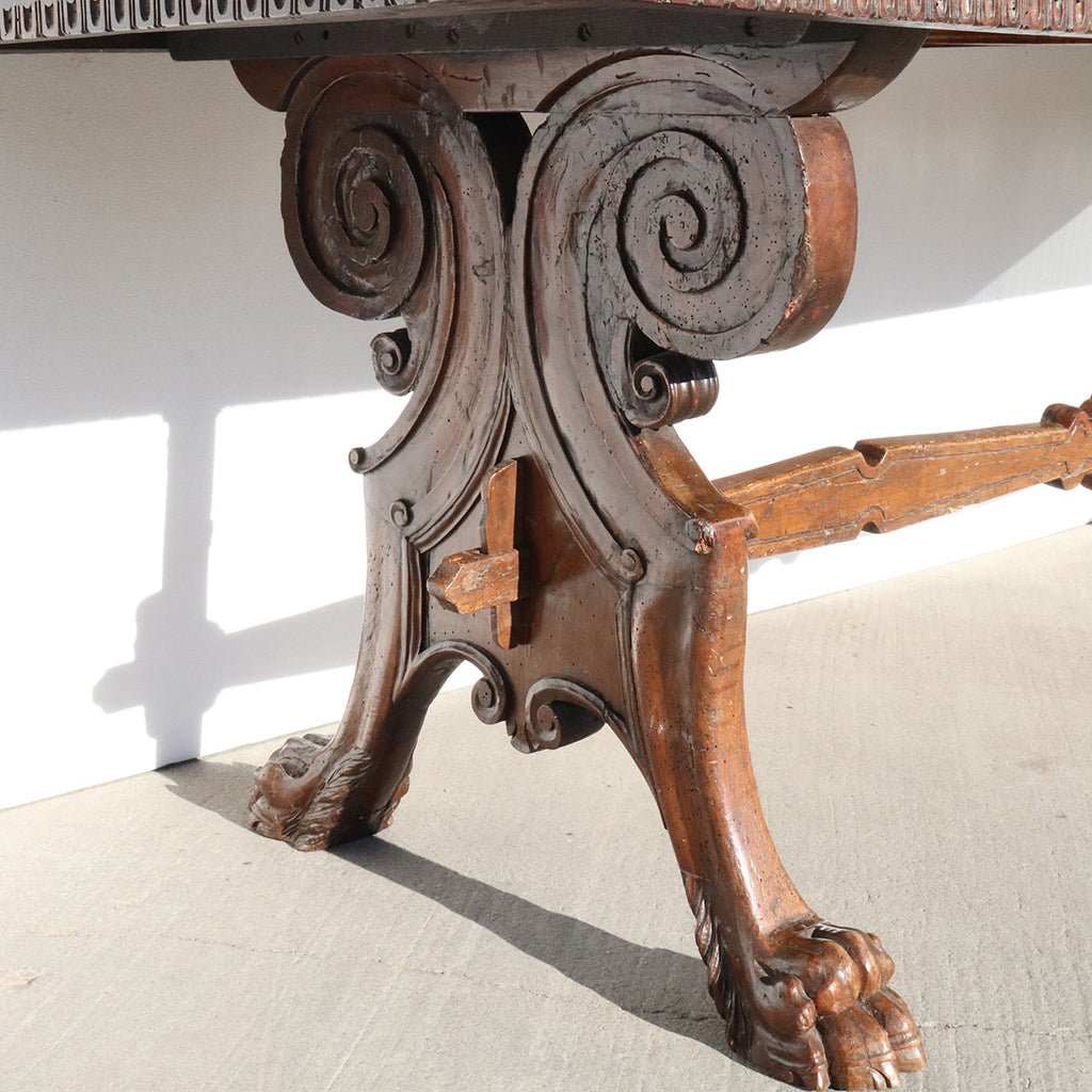 Long Italian Renaissance Style Walnut Library / Dining Trestle Table