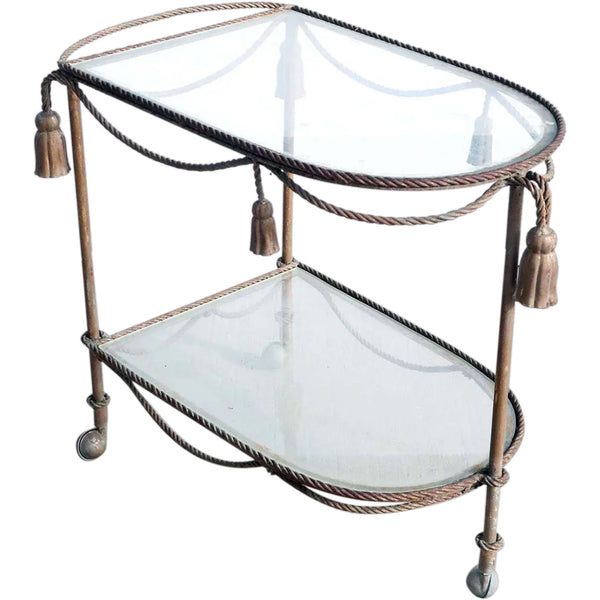 Italian Mid Century Gilt Iron and Glass Rope and Tassel Two-Tier Bar Cart