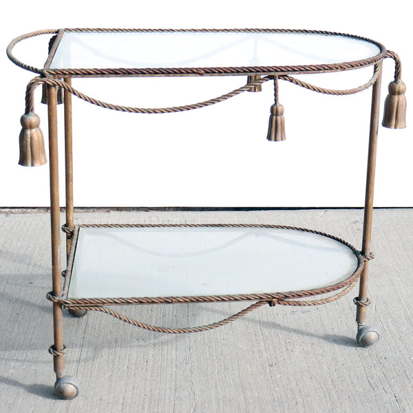 Italian Mid Century Gilt Iron and Glass Rope and Tassel Two-Tier Bar Cart