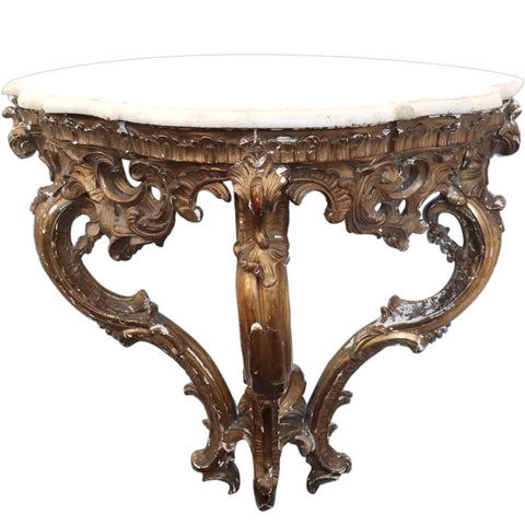 French/English Marble Top Carved Giltwood Pine Bracket Wall Console Table