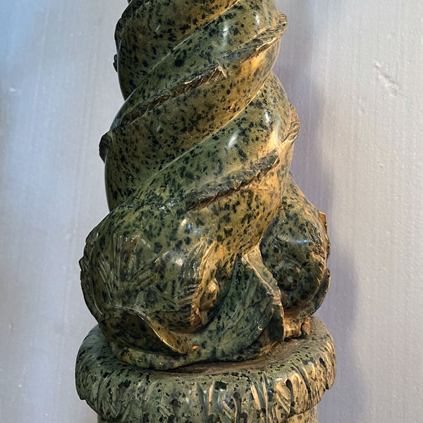 Italian Green Serpentine Marble Twisted Dolphin Stem Four-Part Pedestal