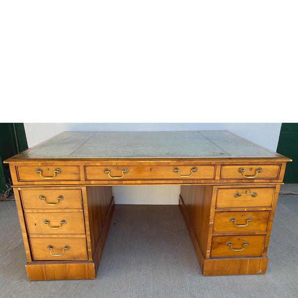 Vintage English Chippendale Style Yew Wood Veneer Leather Top Partners Desk