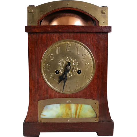 English Liberty & Co. and H.A.C. Arts and Crafts Oak, Brass and Opal Glass Mantel Clock