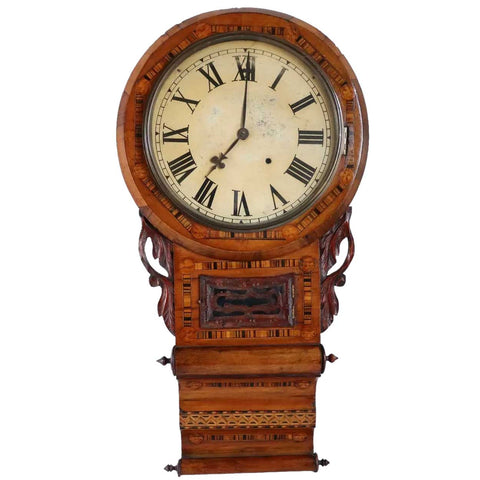 English Victorian Tunbridgeware Case Parquetry Inlaid Drop Dial Wall Clock