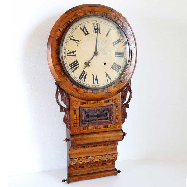 English Victorian Tunbridgeware Case Parquetry Inlaid Drop Dial Wall Clock