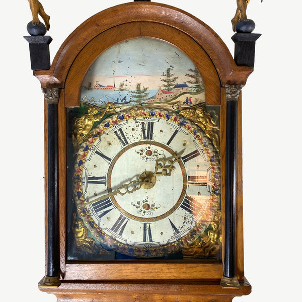 Dutch Frisian Gilt Oak and Painted Iron Staartklok Wall Clock