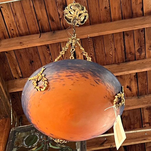 French Schneider Art Glass Bowl Hanging Pendant Light