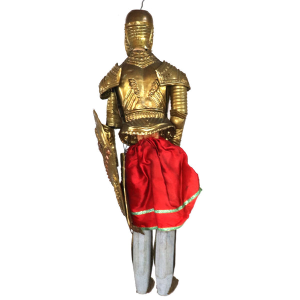 Italian Sicilian Stamped Brass, Red Fabric and Wood Knight Marionette