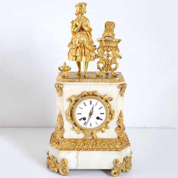 French Napoleon III Fire Gilt Bronze and Marble Figural Mantel Clock