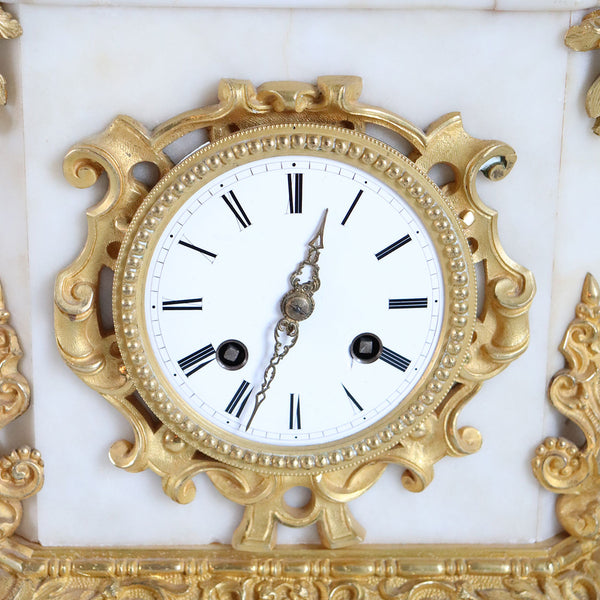 French Napoleon III Fire Gilt Bronze and Marble Figural Mantel Clock