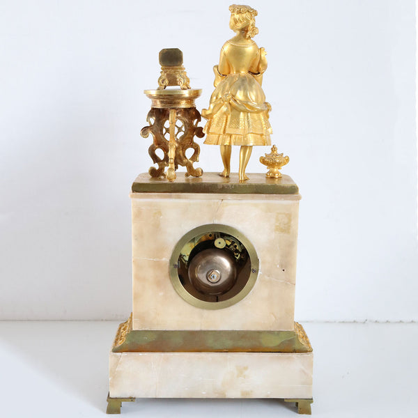 French Napoleon III Fire Gilt Bronze and Marble Figural Mantel Clock