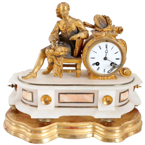 French Philippe H. Mourey Napoleon III Gilt Bronze and Alabaster Figural Mantel Clock