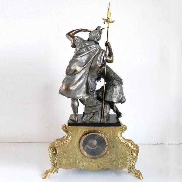 Large French Napoleon III Spelter, Gilt Metal and Black Slate Figural Mantel Clock