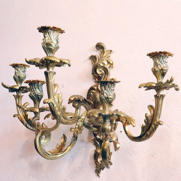 Pair of French Louis XV Revival Gilt Bronze Five-Light Candle Wall Sconces
