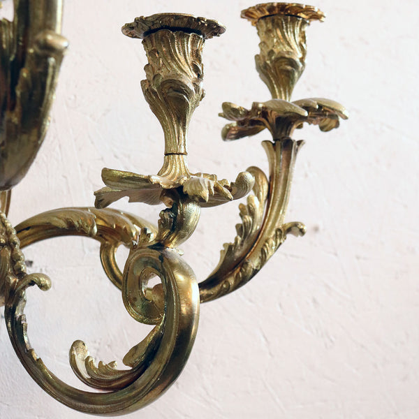 Pair of French Louis XV Revival Gilt Bronze Five-Light Candle Wall Sconces