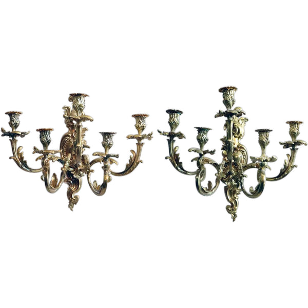 Pair of French Louis XV Revival Gilt Bronze Five-Light Candle Wall Sconces