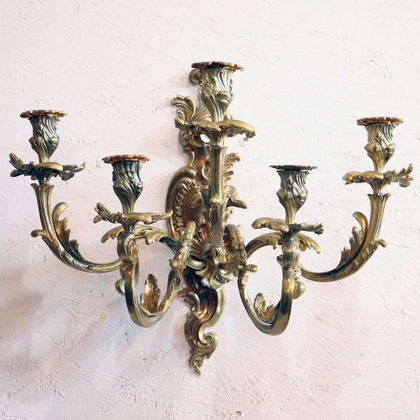 Pair of French Louis XV Revival Gilt Bronze Five-Light Candle Wall Sconces