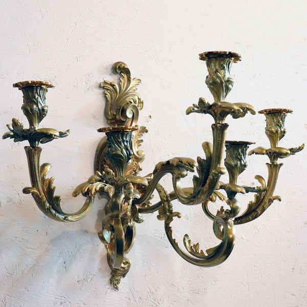 Pair of French Louis XV Revival Gilt Bronze Five-Light Candle Wall Sconces
