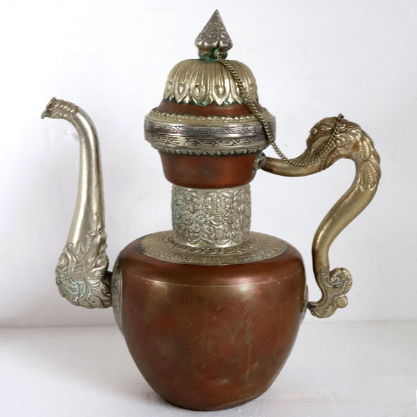 Large Vintage Tibetan White Brass and Patinated Copper Teapot