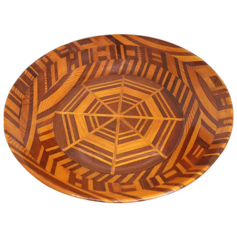 Large Pine and Redwood Inlaid Parquetry Round Low Center Bowl