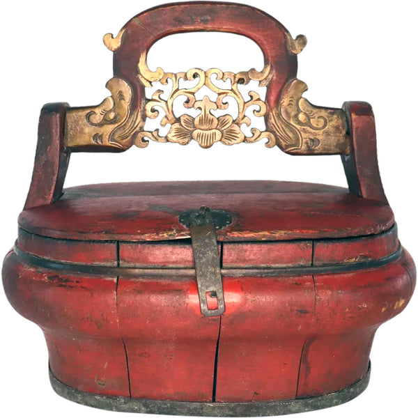Chinese Gilt and Red Lacquer Bamboo Wood Wedding Basket