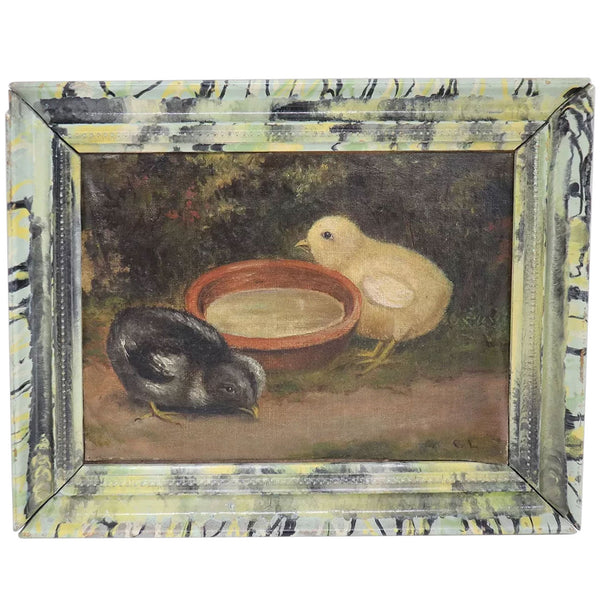 Small American Folk Art Oil Painting on Canvas on Board, Two Chicks