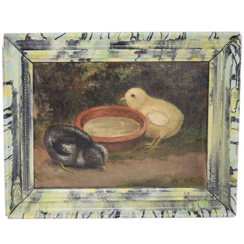 Small American Folk Art Oil Painting on Canvas on Board, Two Chicks