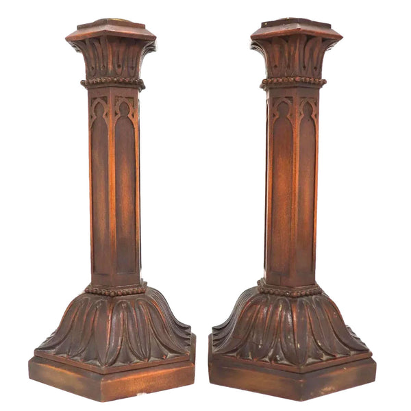 Pair of English Gothic Revival Mahogany Brass Mounted Candlesticks