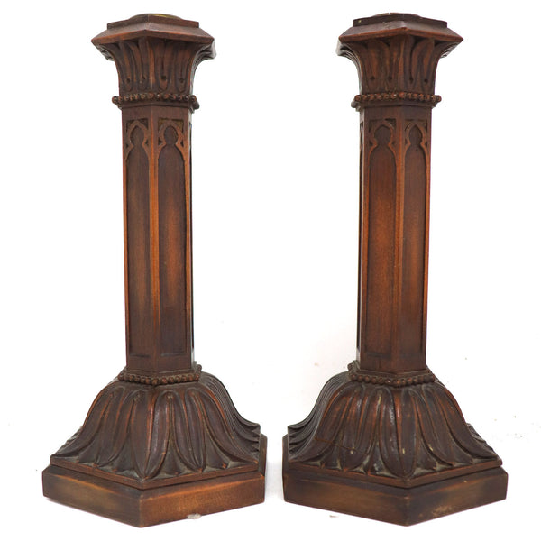 Pair of English Gothic Revival Mahogany Brass Mounted Candlesticks