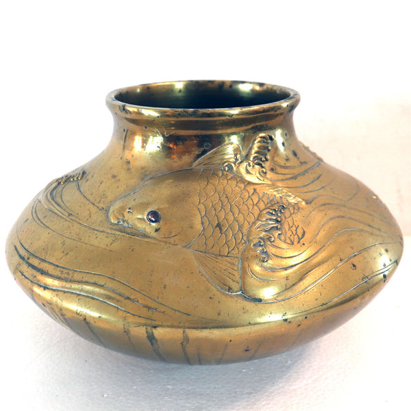 Japanese Cast Brass and Copper Koi Fish and Waves Vase