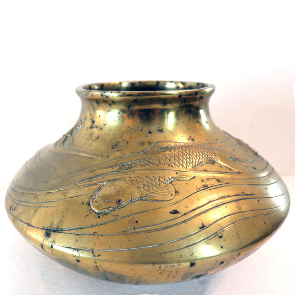 Japanese Cast Brass and Copper Koi Fish and Waves Vase