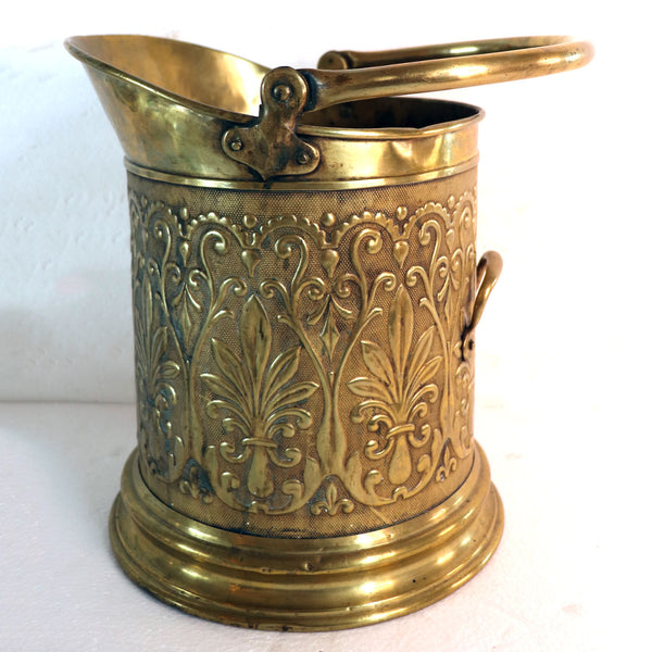 English Victorian Brass Repousse Coal Hod / Fireplace Bucket