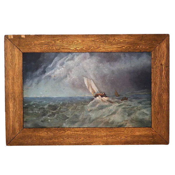American MRS. CHAS HOPPER Oil on Artist Board Painting, Sailboat in Rough Seas