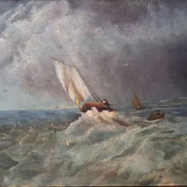 American MRS. CHAS HOPPER Oil on Artist Board Painting, Sailboat in Rough Seas