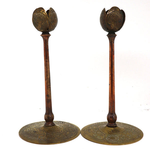 Pair American Buffalo Arts Crafts Shop Chased Brass and Copper Tulip Candlesticks