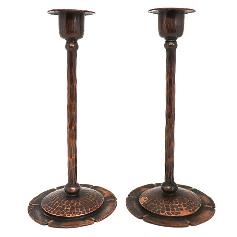 Pair American Roycroft Hammered Copper Floriform Candlesticks