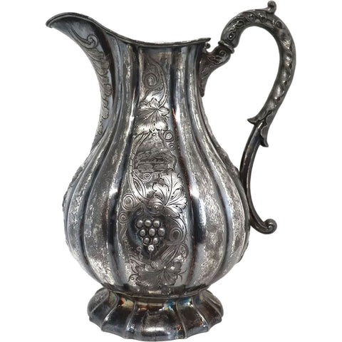 American Roswell Gleason & Sons Silverplate Repousse Grapevine Pitcher