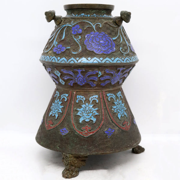 Large Japanese Meiji Bronze and Champleve Enamel Vase Urn