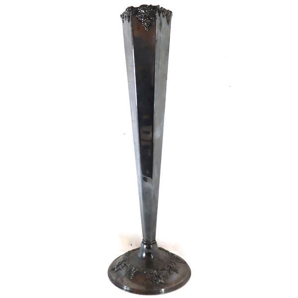 Very Tall American Silverplate Grapevine Hexagonal Trumpet Vase