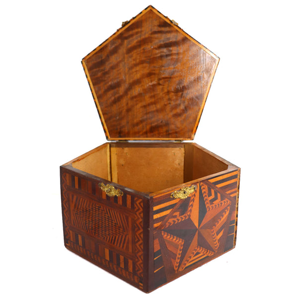 Folk Art Inlaid Parquetry Mixed Wood Star Pattern Desk / Jewelry Box