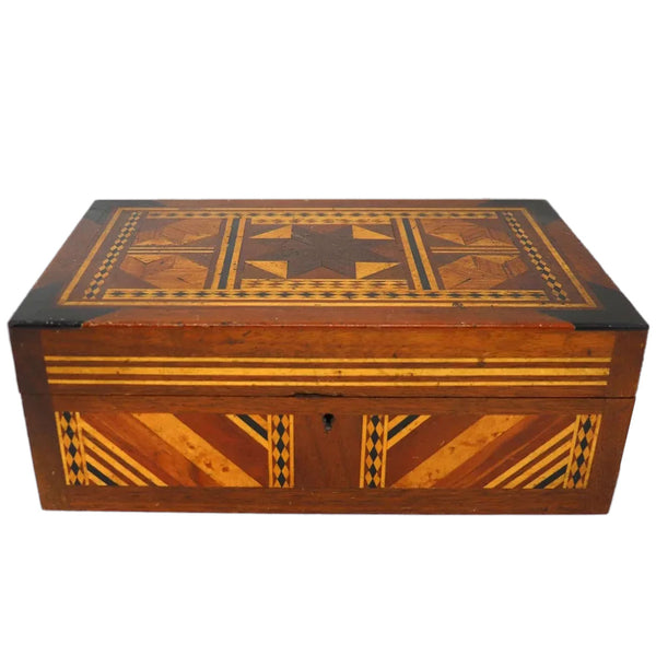 American Folk Art Inlaid Parquetry Mixed Woods Jewelry Box
