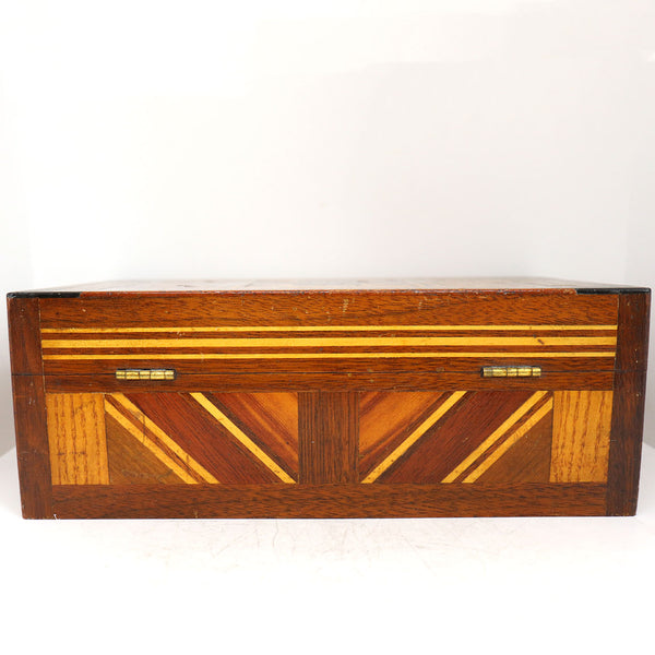 American Folk Art Inlaid Parquetry Mixed Woods Jewelry Box