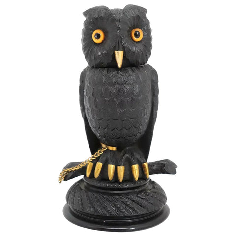 Antique Irish Bog Oak and Brass Owl Inkwell